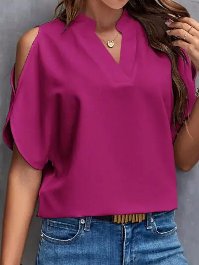 Notched Cold Shoulder Blouse - Nikki’s Place