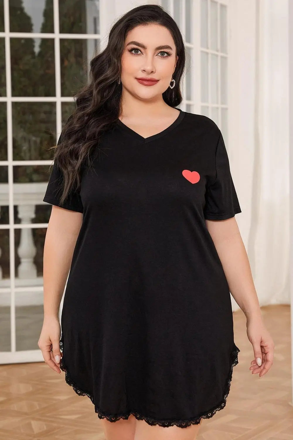 Plus Size Lace Trim V-Neck Short Sleeve Night Dress - Nikki’s Place