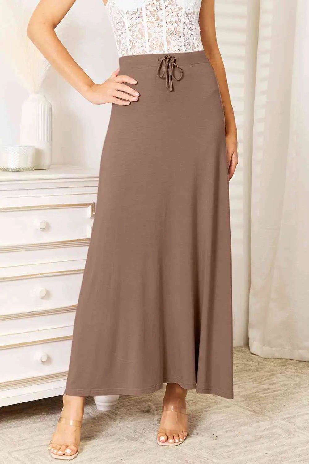 Soft Rayon Drawstring Waist Maxi Skirt Rayon - Nikki’s Place