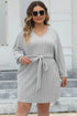 Plus Size Ribbed Tie Front Long Sleeve Sweater Dress - Nikki’s Place