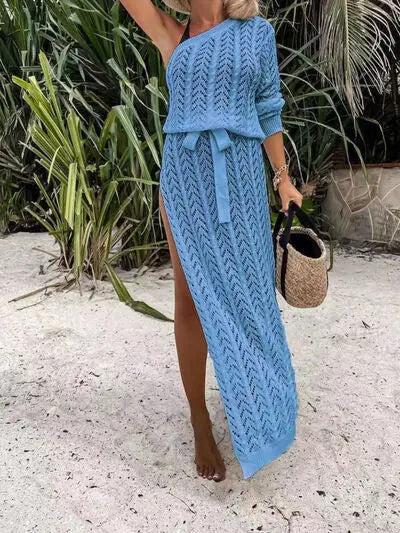 Slit Openwork Single Shoulder Knit Dress - Nikki’s Place