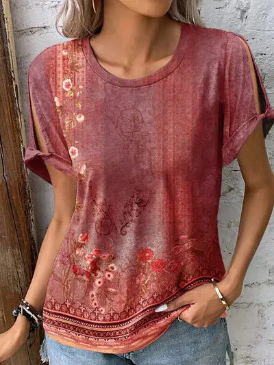 Printed Round Neck Short Sleeve T-Shirt - Nikki’s Place