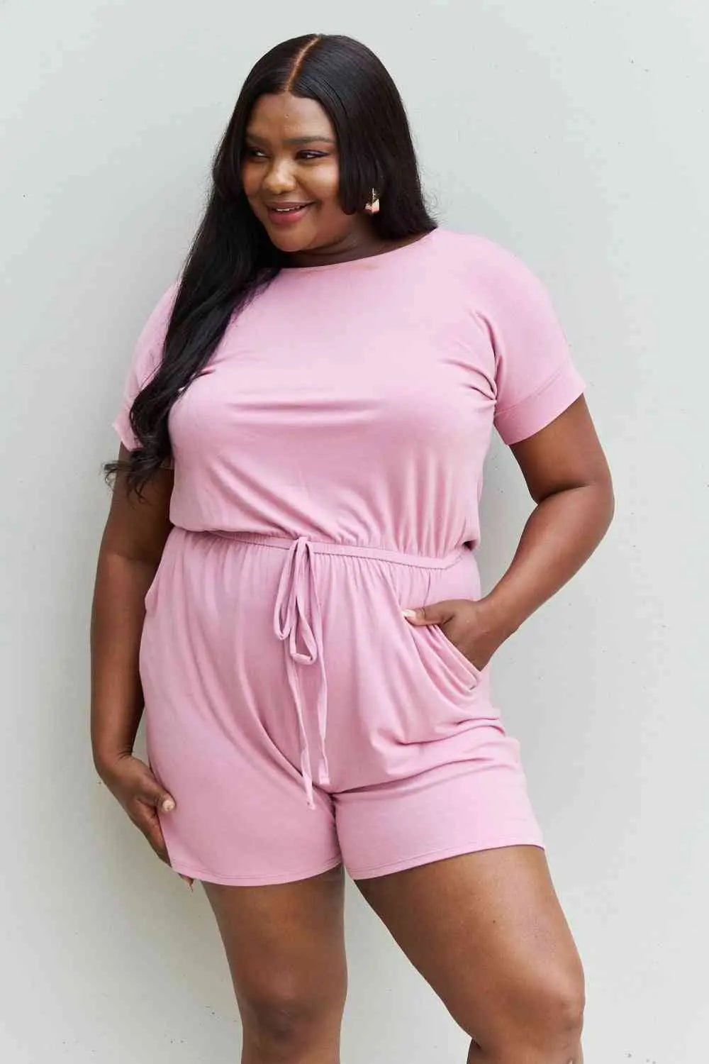 Zenana Chilled Out Regular/Full Size Short Sleeve Romper in Light Carnation Pink - Nikki’s Place