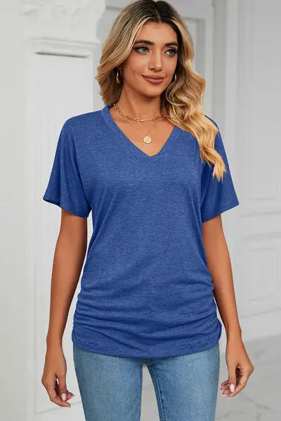 Ruched V-Neck Short Sleeve T-Shirt - Nikki’s Place