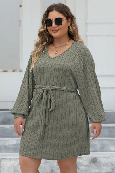 Plus Size Ribbed Tie Front Long Sleeve Sweater Dress - Nikki’s Place