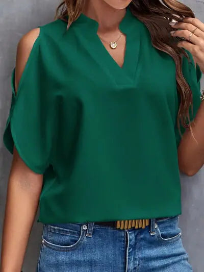 Notched Cold Shoulder Blouse - Nikki’s Place