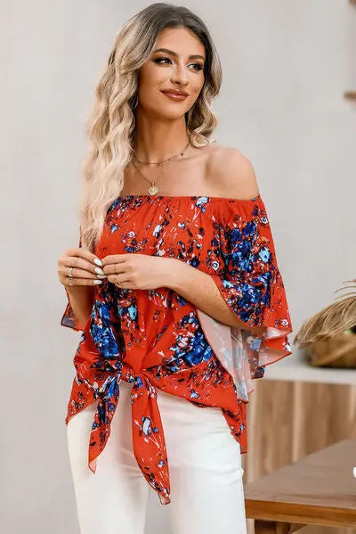 Tied Printed Off-Shoulder Half Sleeve Blouse - Nikki’s Place