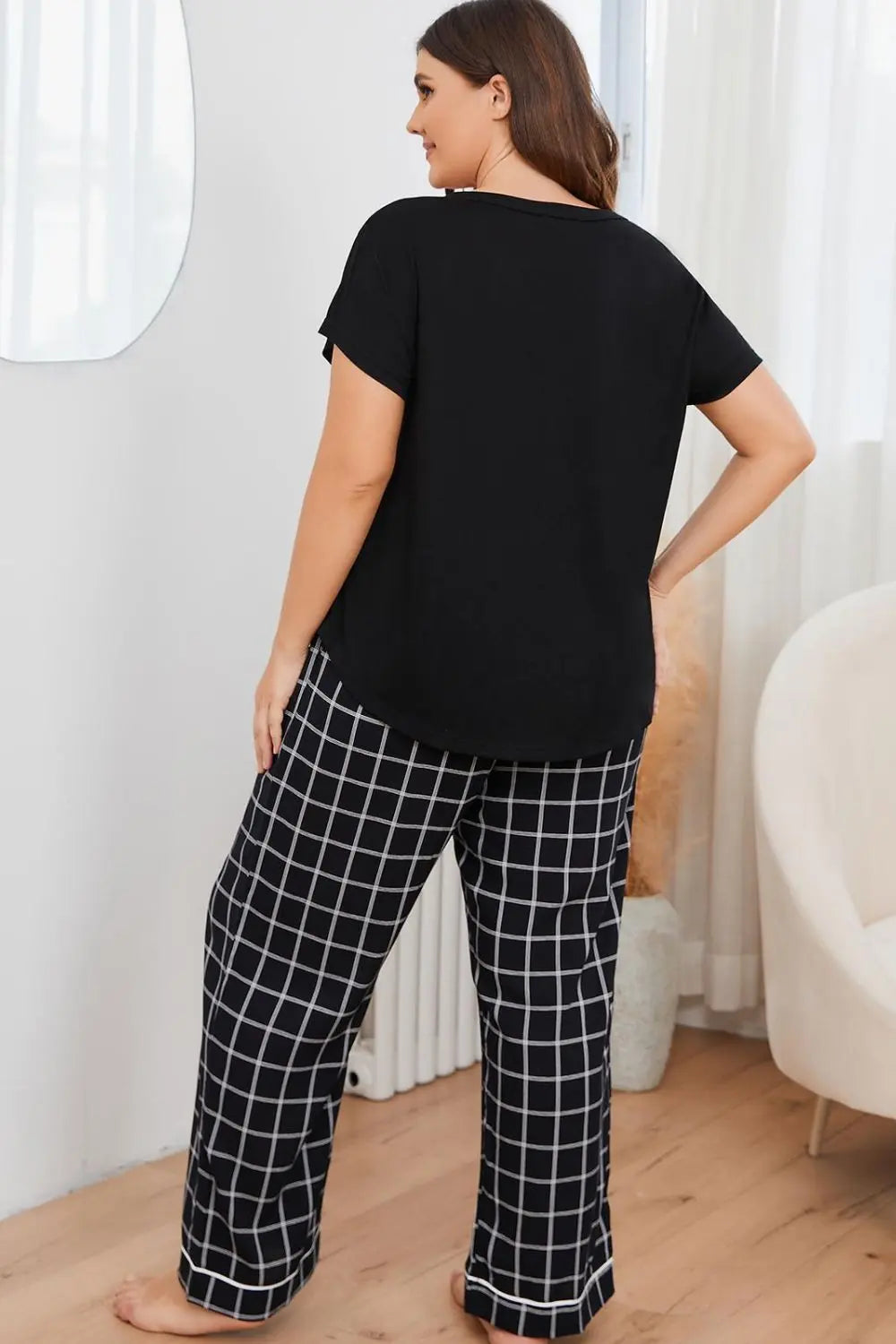 Plus Size V-Neck Top and Plaid Pants Lounge Set - Nikki’s Place