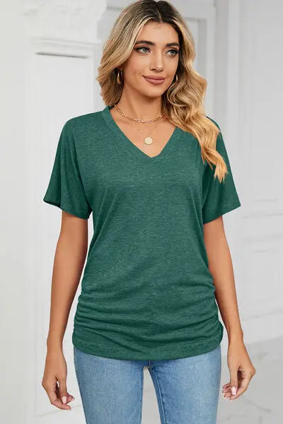 Ruched V-Neck Short Sleeve T-Shirt - Nikki’s Place