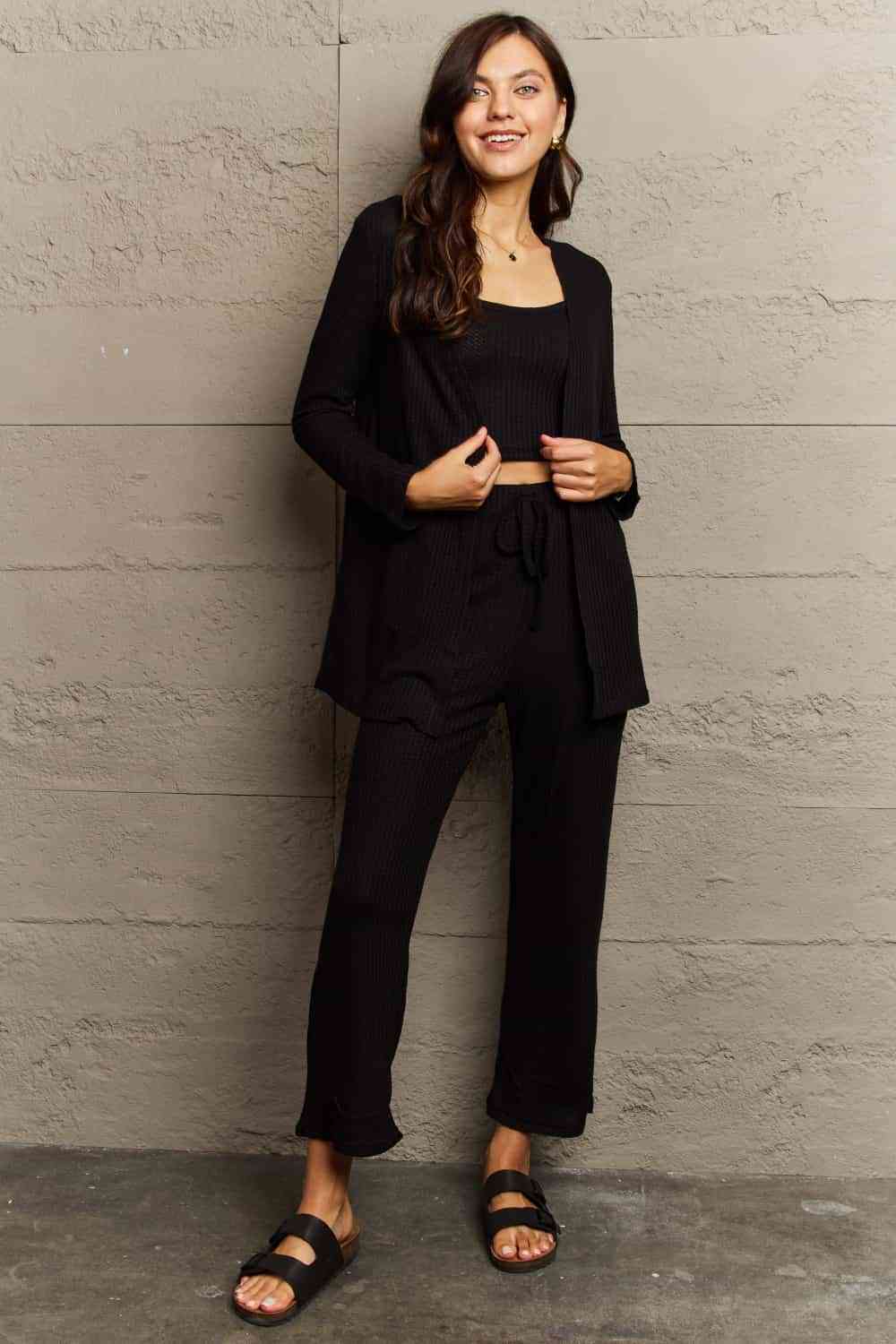 Ninexis Regular/Full Size Cropped Top, Long Pants and Cardigan Lounge Set - Nikki’s Place