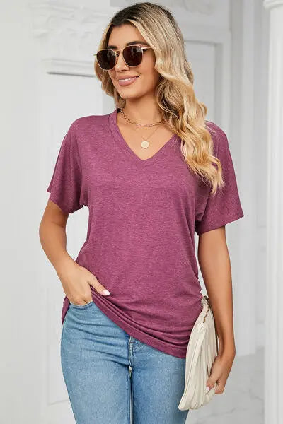 Ruched V-Neck Short Sleeve T-Shirt - Nikki’s Place