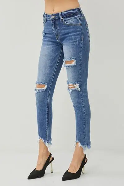 RISEN Distressed Frayed Hem Slim Jeans - Nikki’s Place