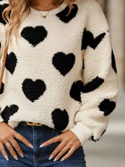 Fuzzy Heart Dropped Shoulder Sweatshirt - Nikki’s Place