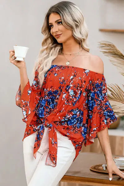 Tied Printed Off-Shoulder Half Sleeve Blouse - Nikki’s Place