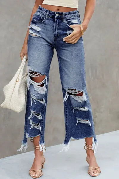 Distressed Raw Hem Jeans with Pockets - Nikki’s Place