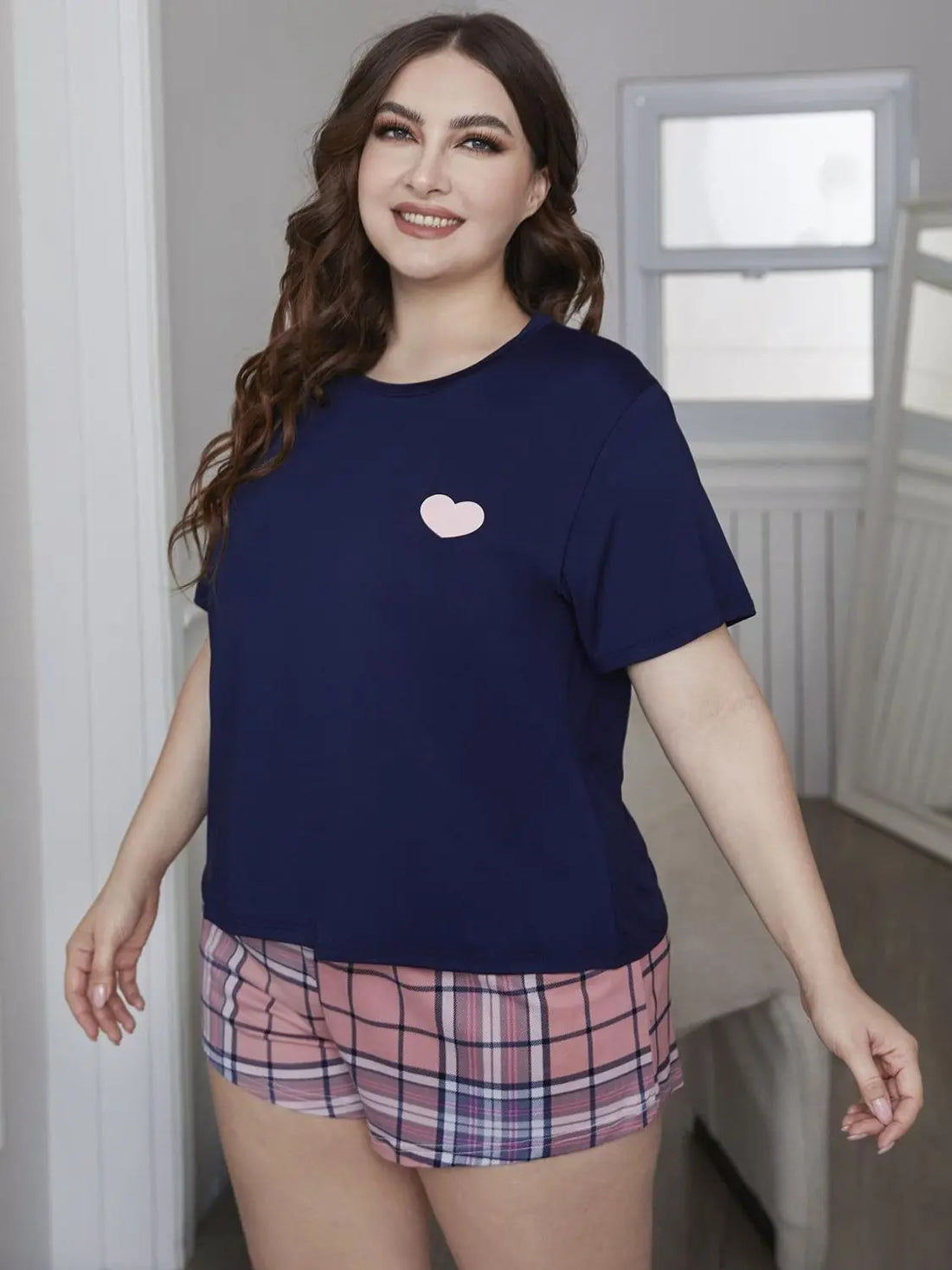 Plus Size Heart Graphic Top and Plaid Shorts Loungewear Set - Nikki’s Place