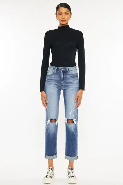 Kancan High Waist Distressed Hem Detail Cropped Straight Jeans - Nikki’s Place