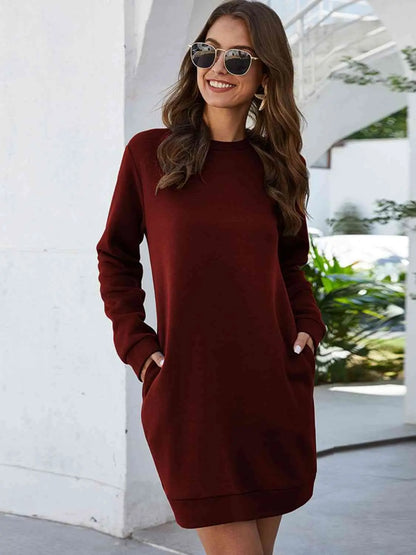 Round Neck Long Sleeve Mini Dress with Pockets - Nikki’s Place