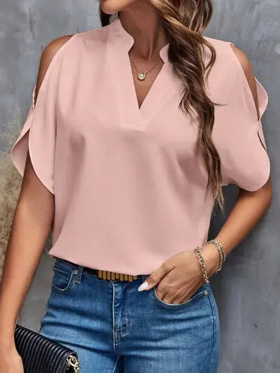 Notched Cold Shoulder Blouse - Nikki’s Place