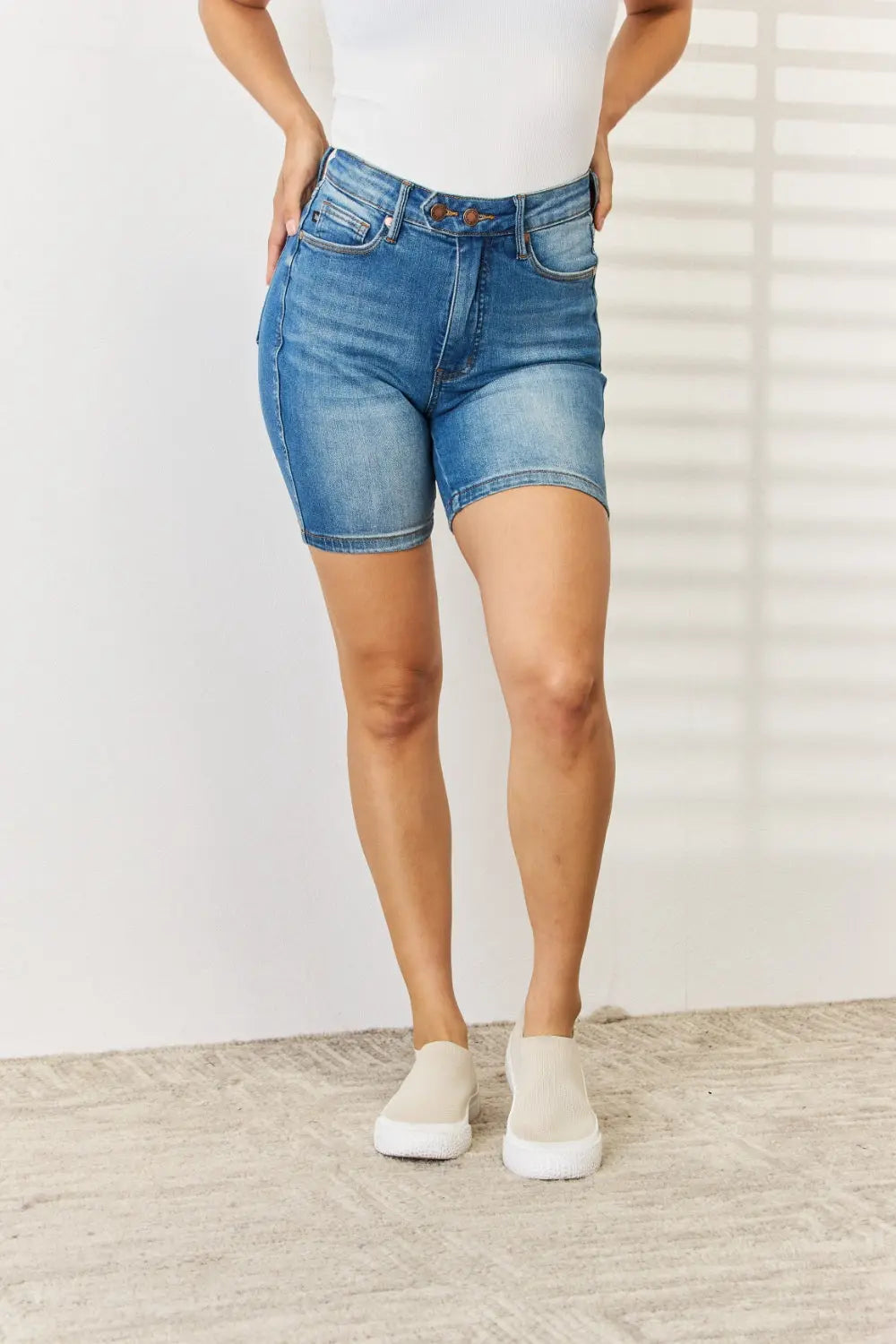 Judy Blue Regular/ Full Size Tummy Control Double Button Bermuda Denim Shorts - Nikki’s Place