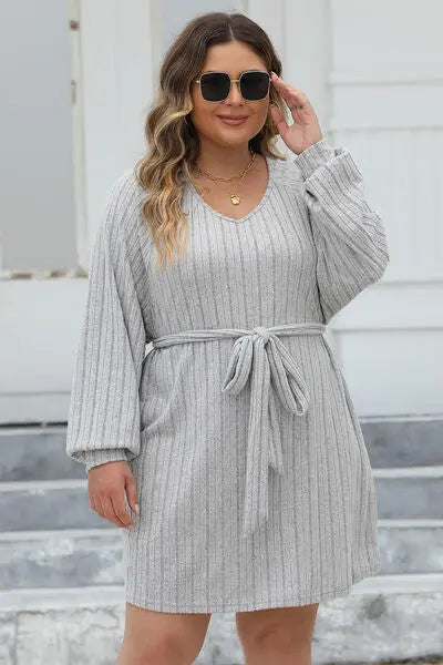 Plus Size Ribbed Tie Front Long Sleeve Sweater Dress - Nikki’s Place