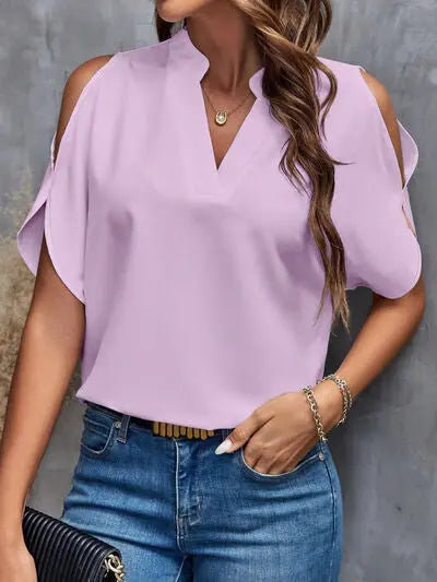 Notched Cold Shoulder Blouse - Nikki’s Place