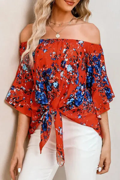 Tied Printed Off-Shoulder Half Sleeve Blouse - Nikki’s Place