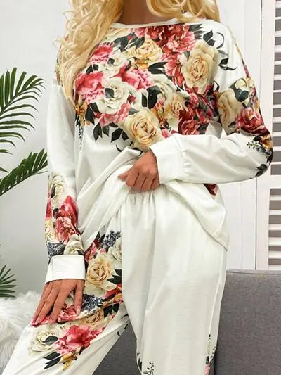 Printed Round Neck Top and Drawstring Pants Lounge Set - Nikki’s Place