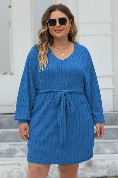 Plus Size Ribbed Tie Front Long Sleeve Sweater Dress - Nikki’s Place