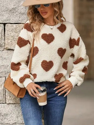 Fuzzy Heart Dropped Shoulder Sweatshirt - Nikki’s Place