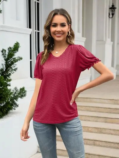 Eyelet Round Neck Short Sleeve Blouse - Nikki’s Place