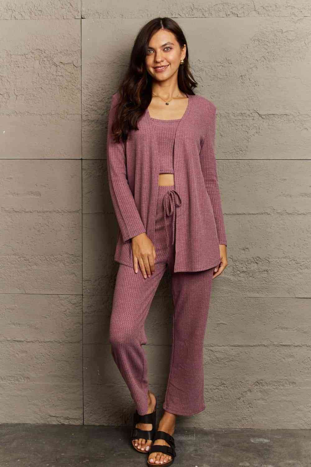 Ninexis Regular/Full Size Cropped Top, Long Pants and Cardigan Lounge Set - Nikki’s Place