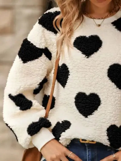 Fuzzy Heart Dropped Shoulder Sweatshirt - Nikki’s Place