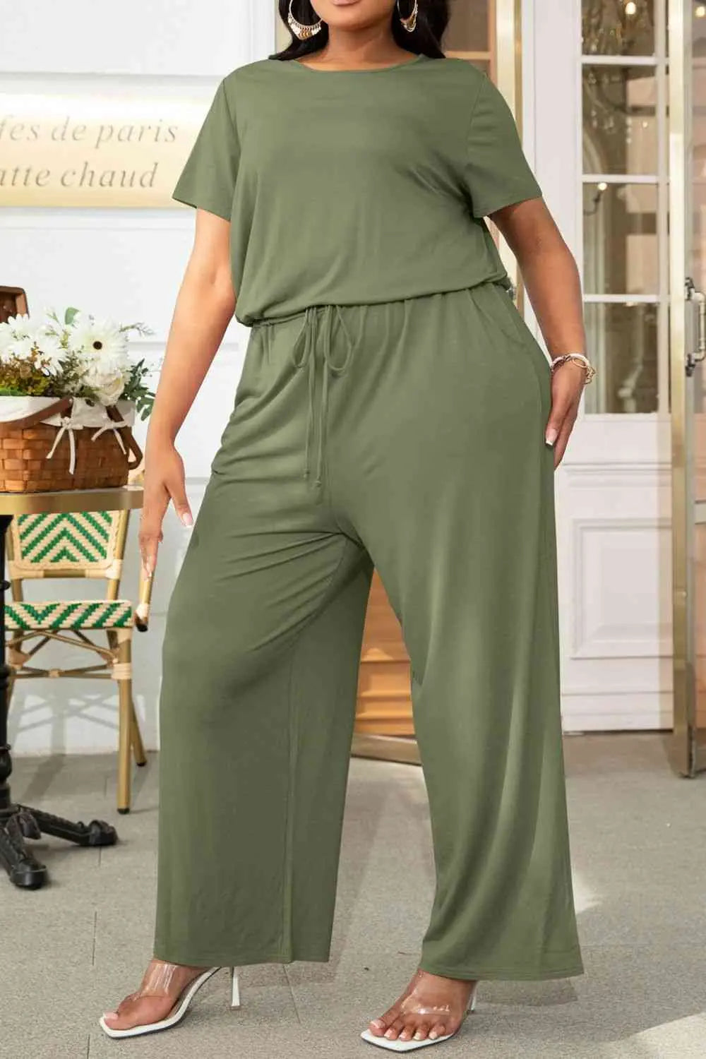 Plus Size Drawstring Waist Short Sleeve Jumpsuit - Nikki’s Place