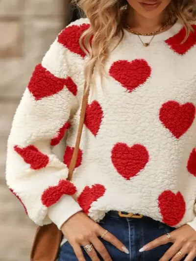 Fuzzy Heart Dropped Shoulder Sweatshirt - Nikki’s Place