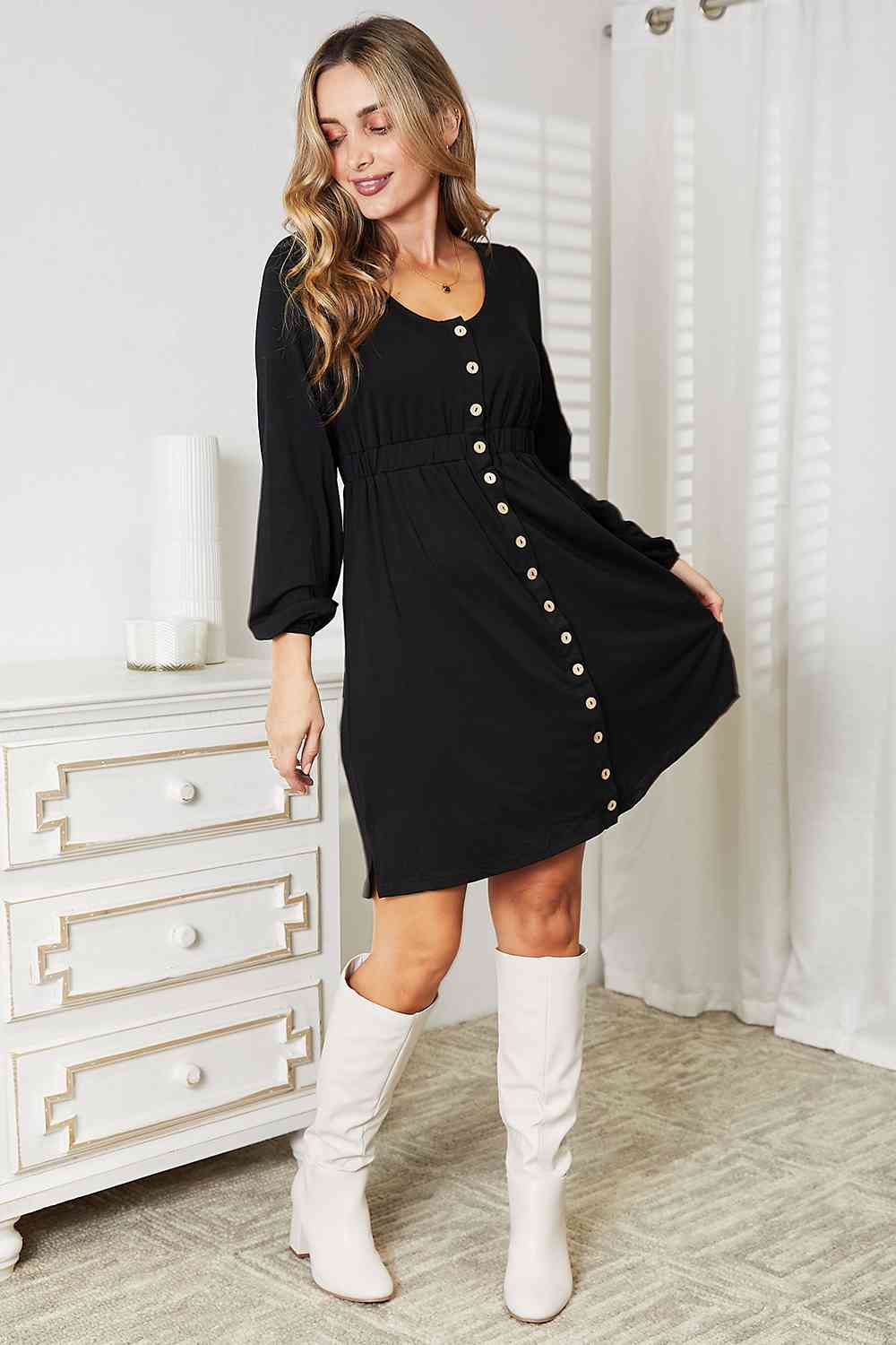 Double Take Scoop Neck Empire Waist Long Sleeve Magic Dress - Nikki’s Place