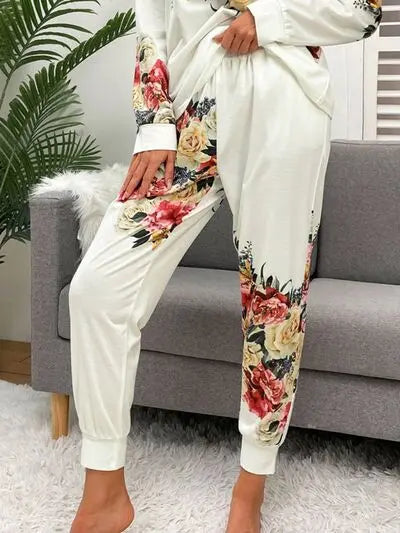 Printed Round Neck Top and Drawstring Pants Lounge Set - Nikki’s Place