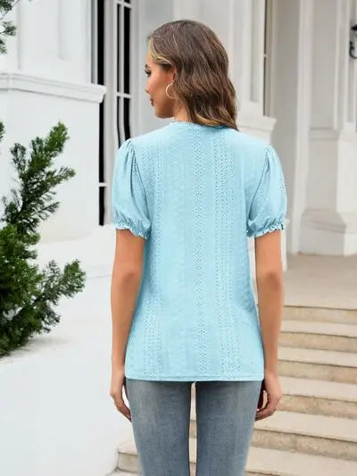 Eyelet Round Neck Short Sleeve Blouse - Nikki’s Place