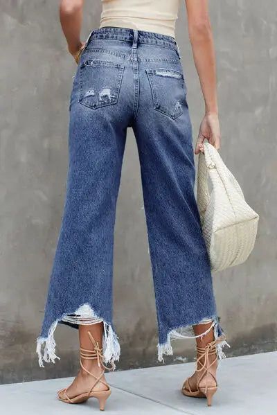 Distressed Raw Hem Jeans with Pockets - Nikki’s Place