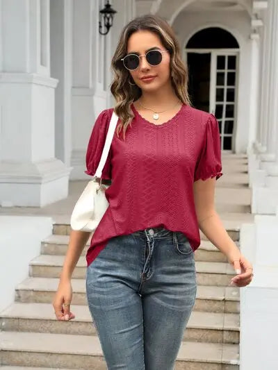 Eyelet Round Neck Short Sleeve Blouse - Nikki’s Place