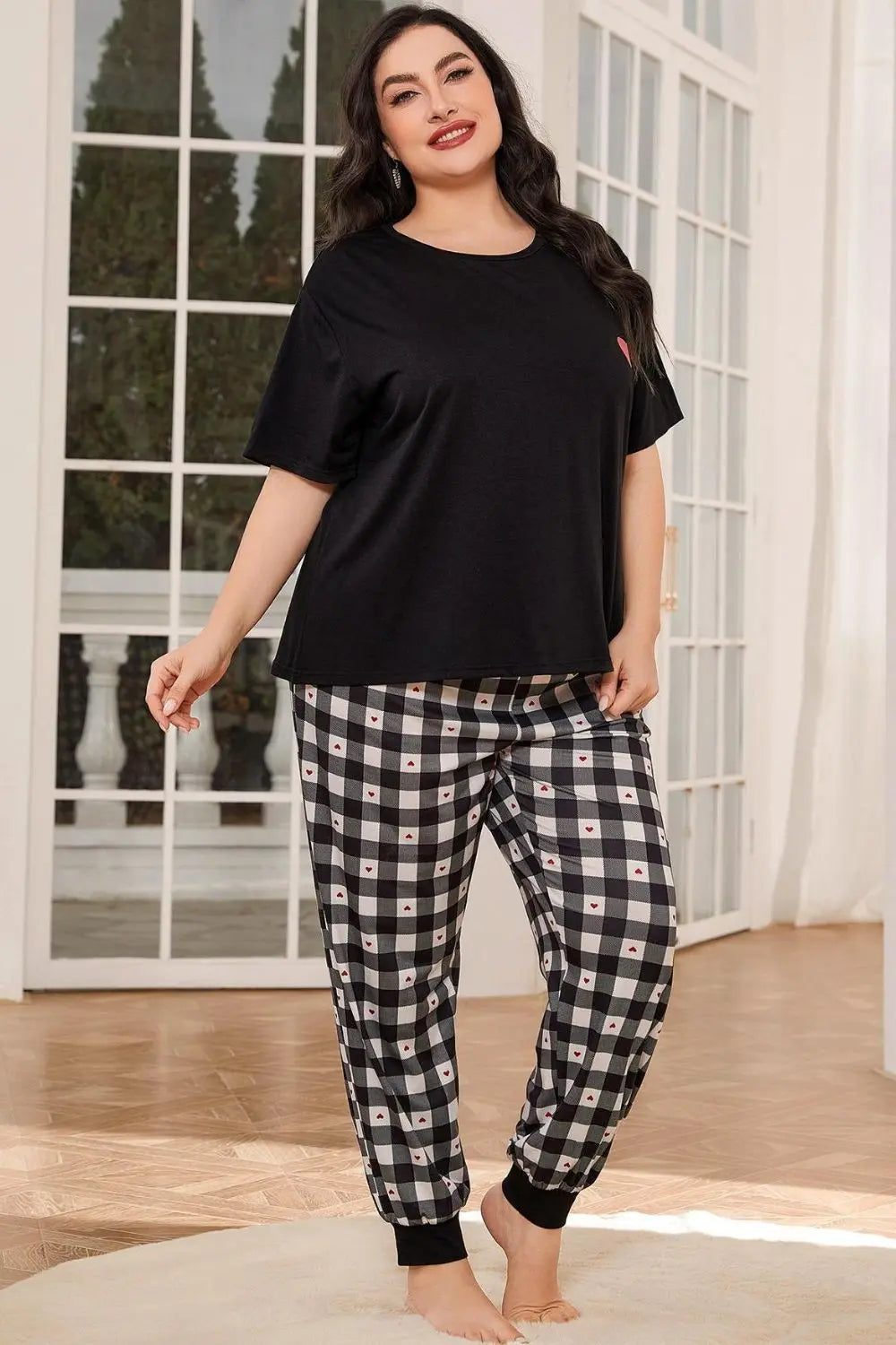 Plus Size Round Neck Short Sleeve Two-Piece Lounge Set - Nikki’s Place