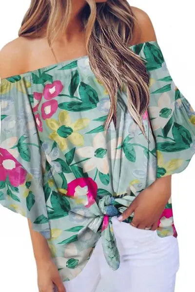 Tied Printed Off-Shoulder Half Sleeve Blouse - Nikki’s Place