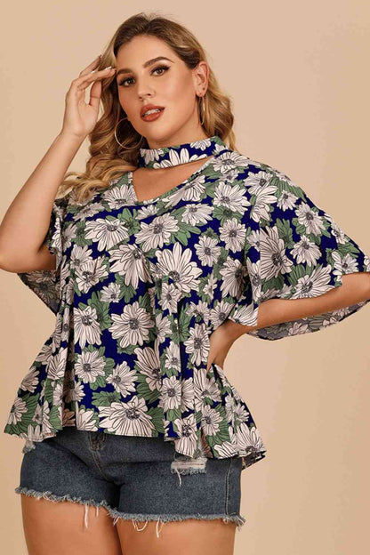 Plus Size Floral Flutter Sleeve Cutout Blouse - Nikki’s Place