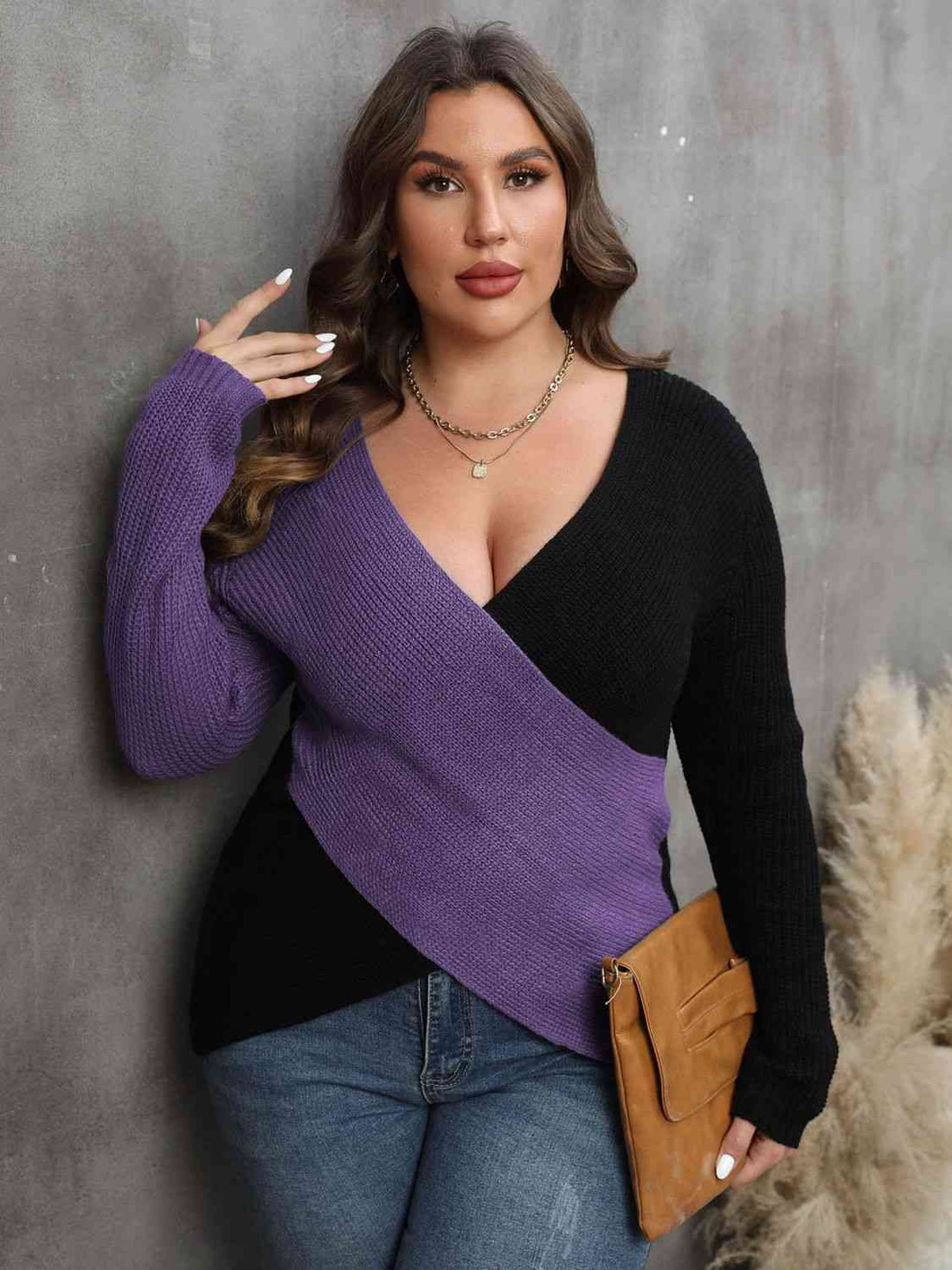 Plus Size Two-Tone Surplice Neck Sweater - Nikki’s Place