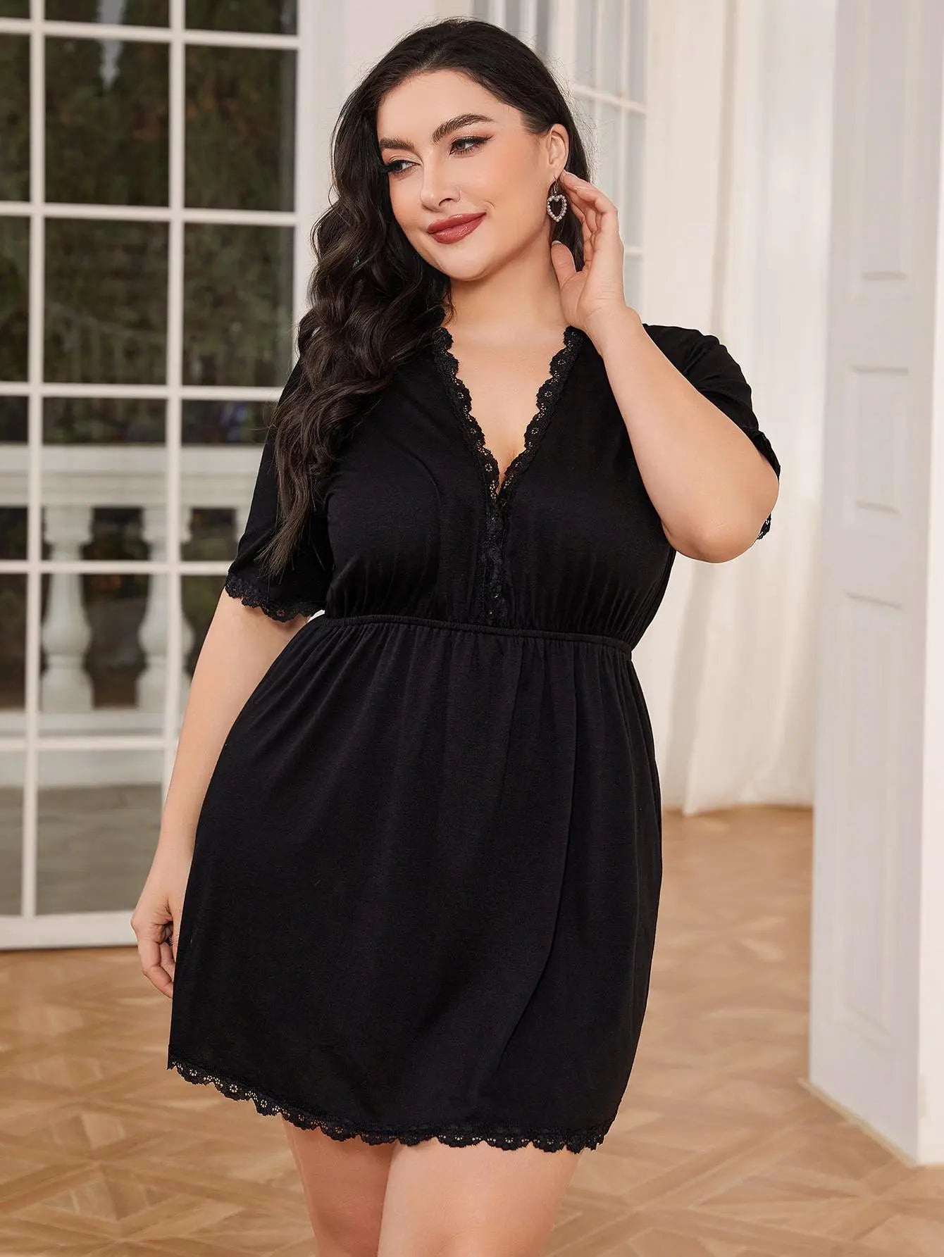 Plus Size Lace Trim Deep V Night Dress - Nikki’s Place