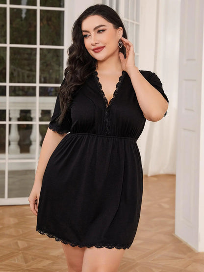 Plus Size Lace Trim Deep V Night Dress - Nikki’s Place