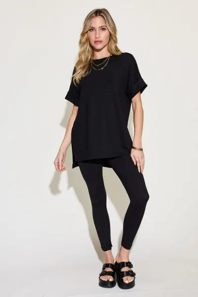 Zenana Plus Size Short Sleeve Slit T-Shirt and Leggings Lounge Set - Nikki’s Place