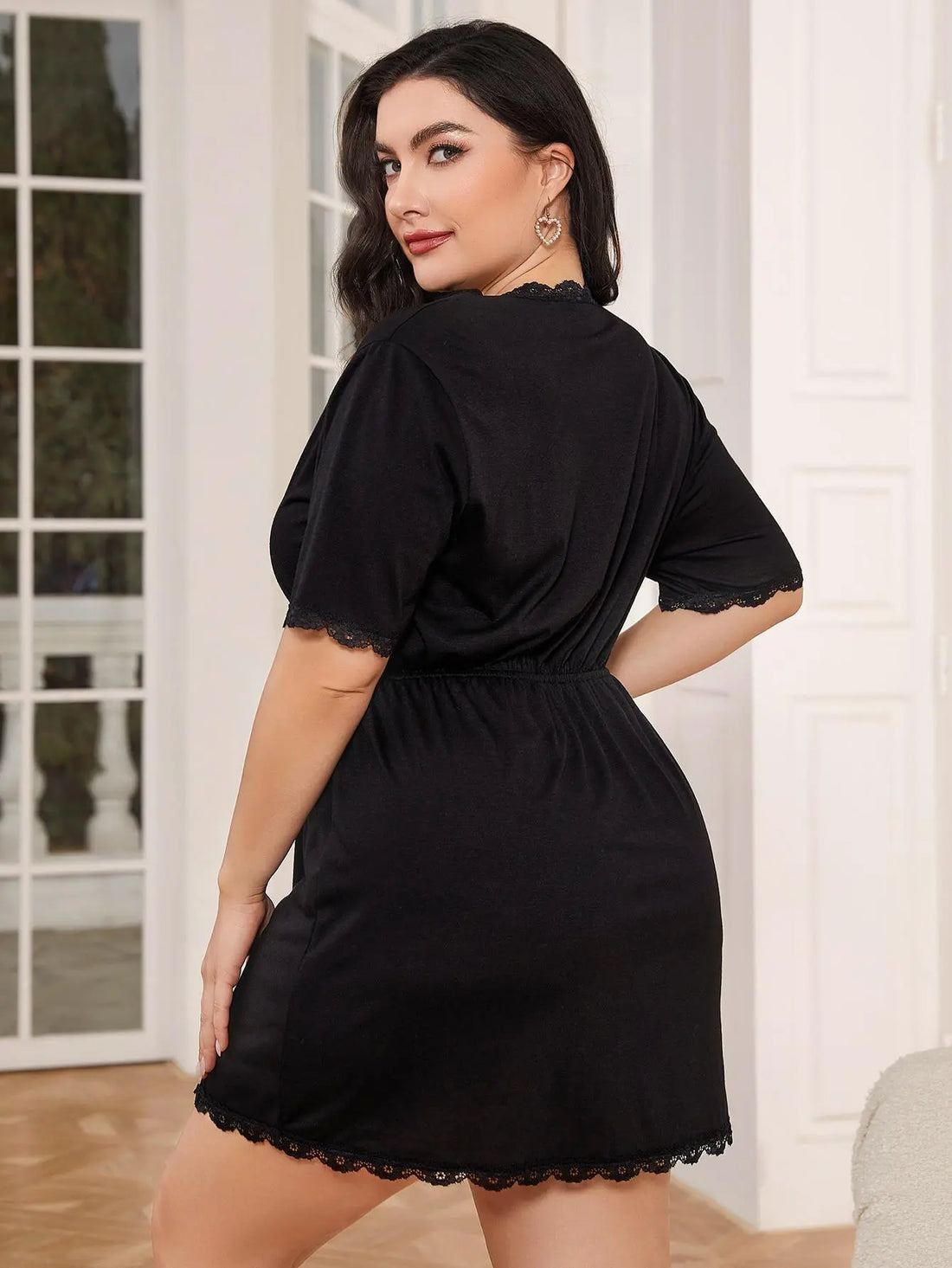 Plus Size Lace Trim Deep V Night Dress - Nikki’s Place