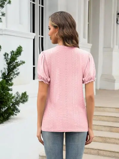 Eyelet Round Neck Short Sleeve Blouse - Nikki’s Place