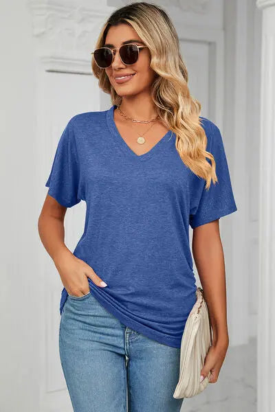 Ruched V-Neck Short Sleeve T-Shirt - Nikki’s Place